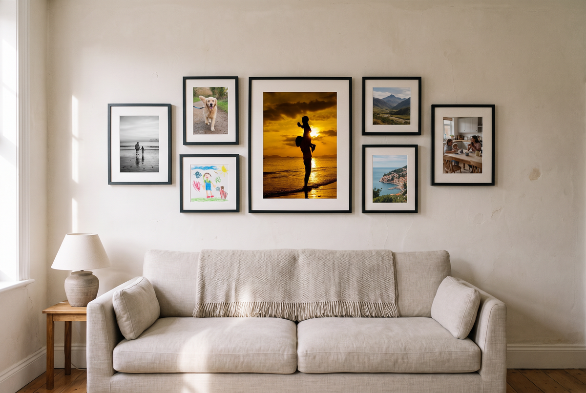 A gallery wall of Framewick frames with family and travel photos